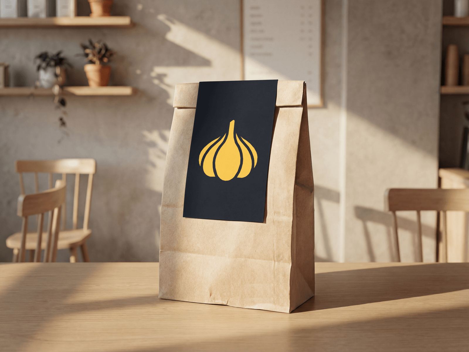A paper takeaway bag on a café table, with a dark label carrying the venue’s yellow mark