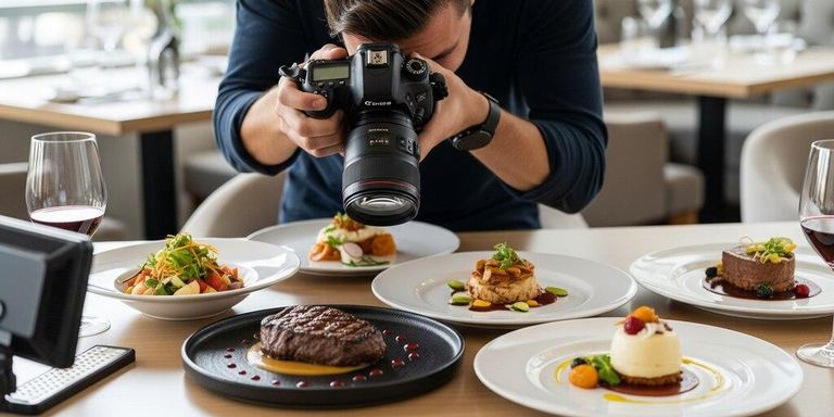 A photographer shooting plated dishes laid out on a table in the dining room