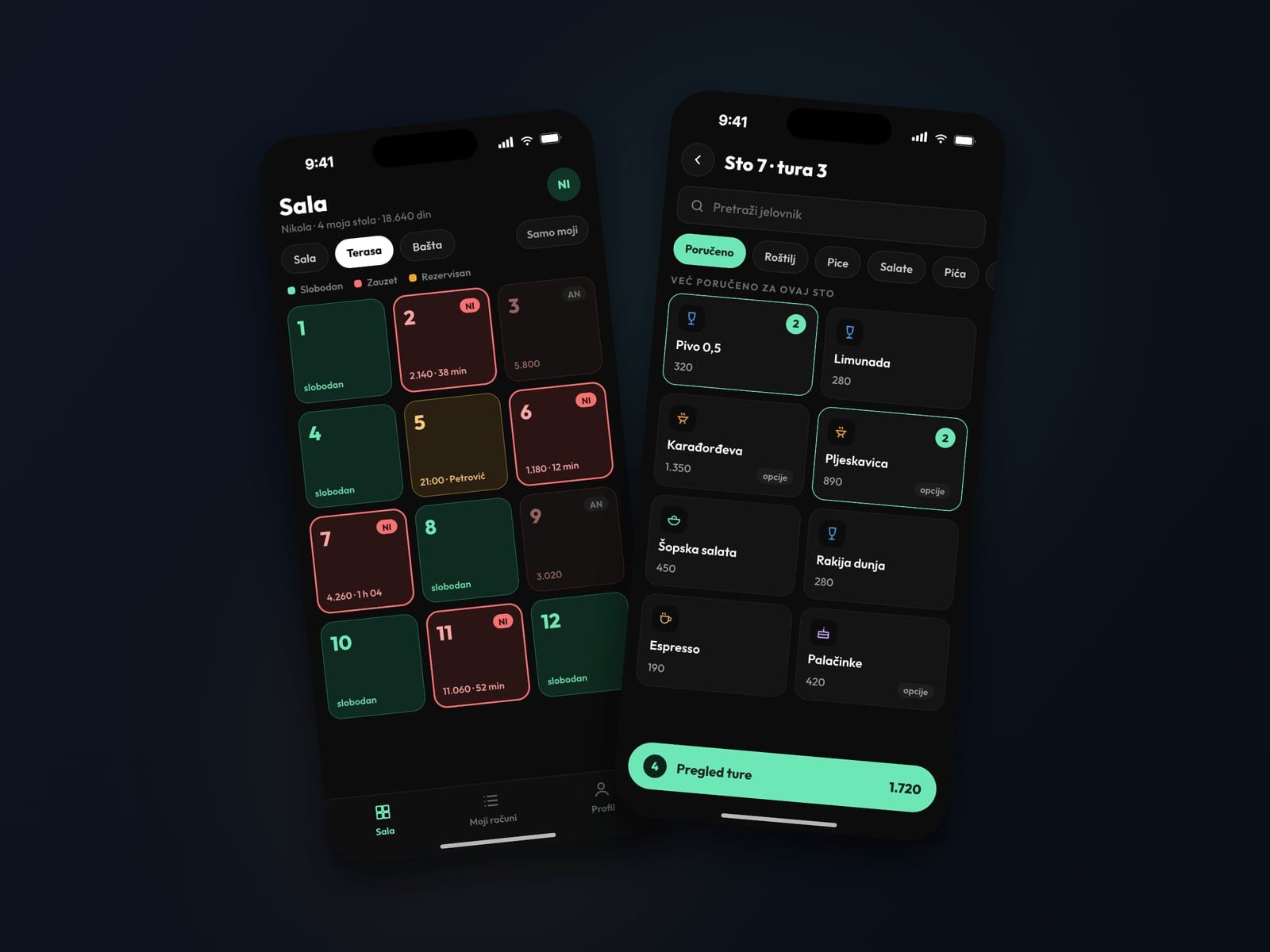 The waiter’s screens on a phone: the floor plan and a round