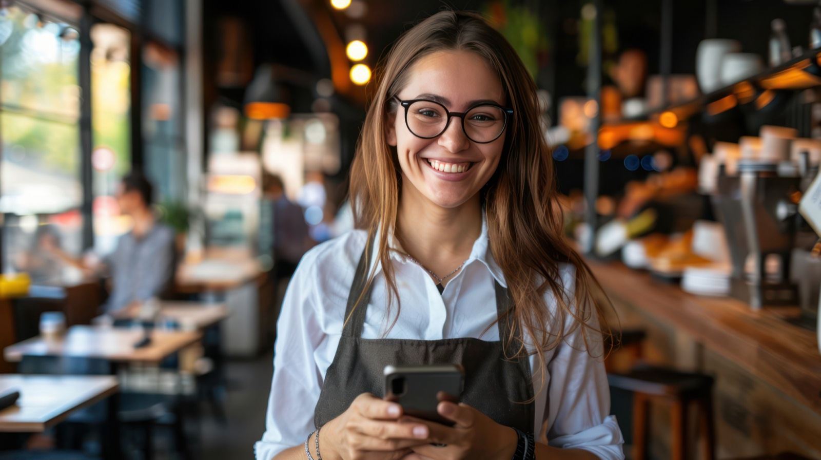 A waitress in the venue with a phone in her hands