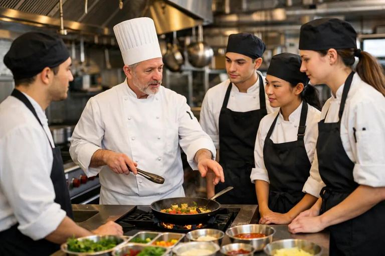 A head chef showing the staff how a dish is prepared, gathered around the range