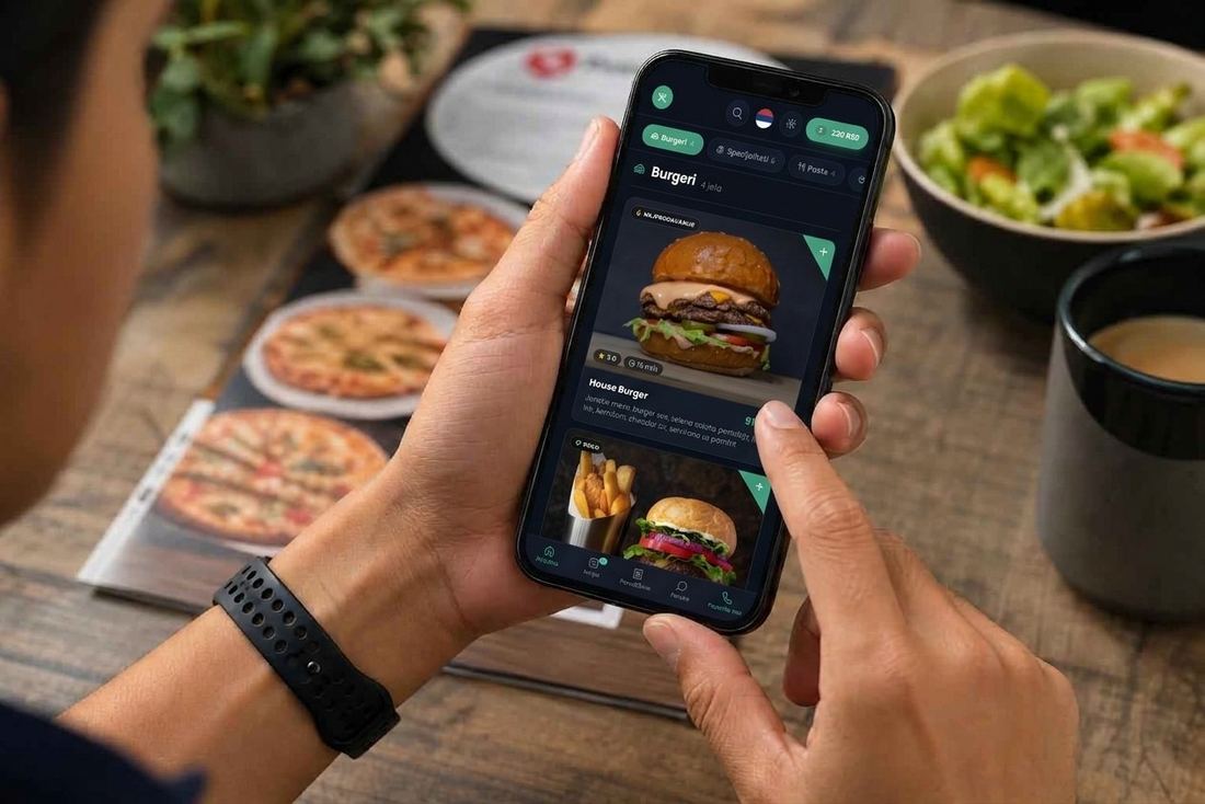 A guest at a table ordering from the restaurant’s web shop on a phone