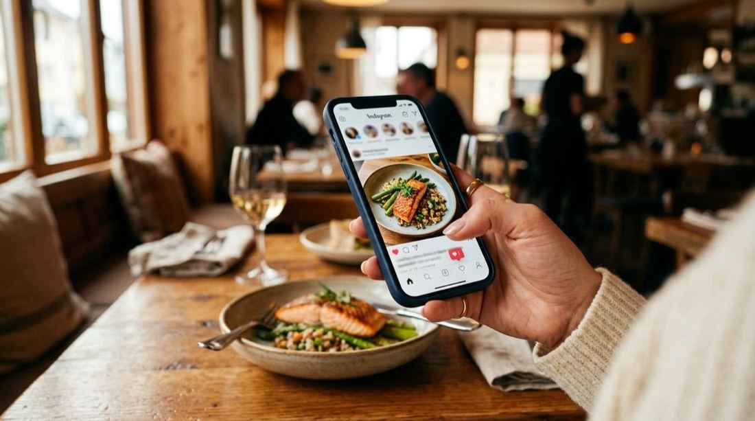 A guest in a venue holding a phone with a post about the dish in front of them